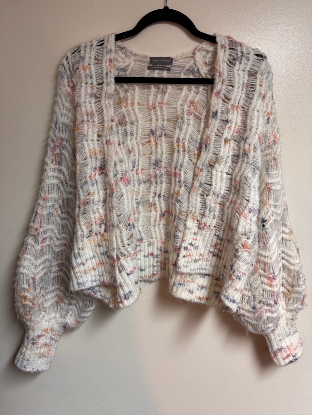 Urban Outfitters Cream Open-Front Speckled Balloon Sleeve Cardigan